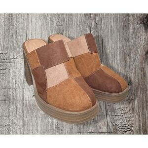Universal Thread TESS 70s Reto Patchwork Brown Chucky Block Heel Mule Shoe Sz 7